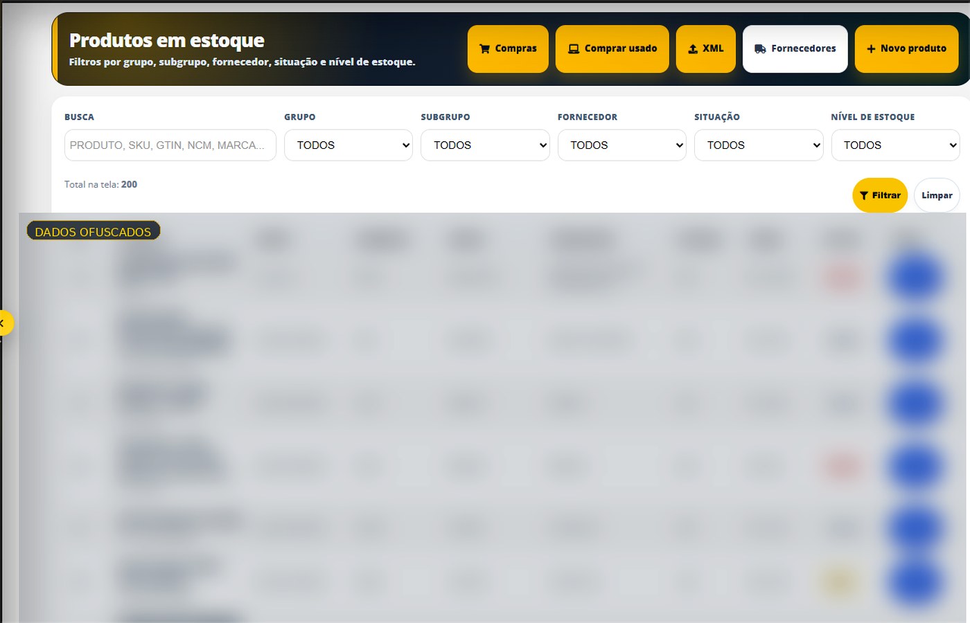 Estoque completo — captura real com dados sensíveis protegidos