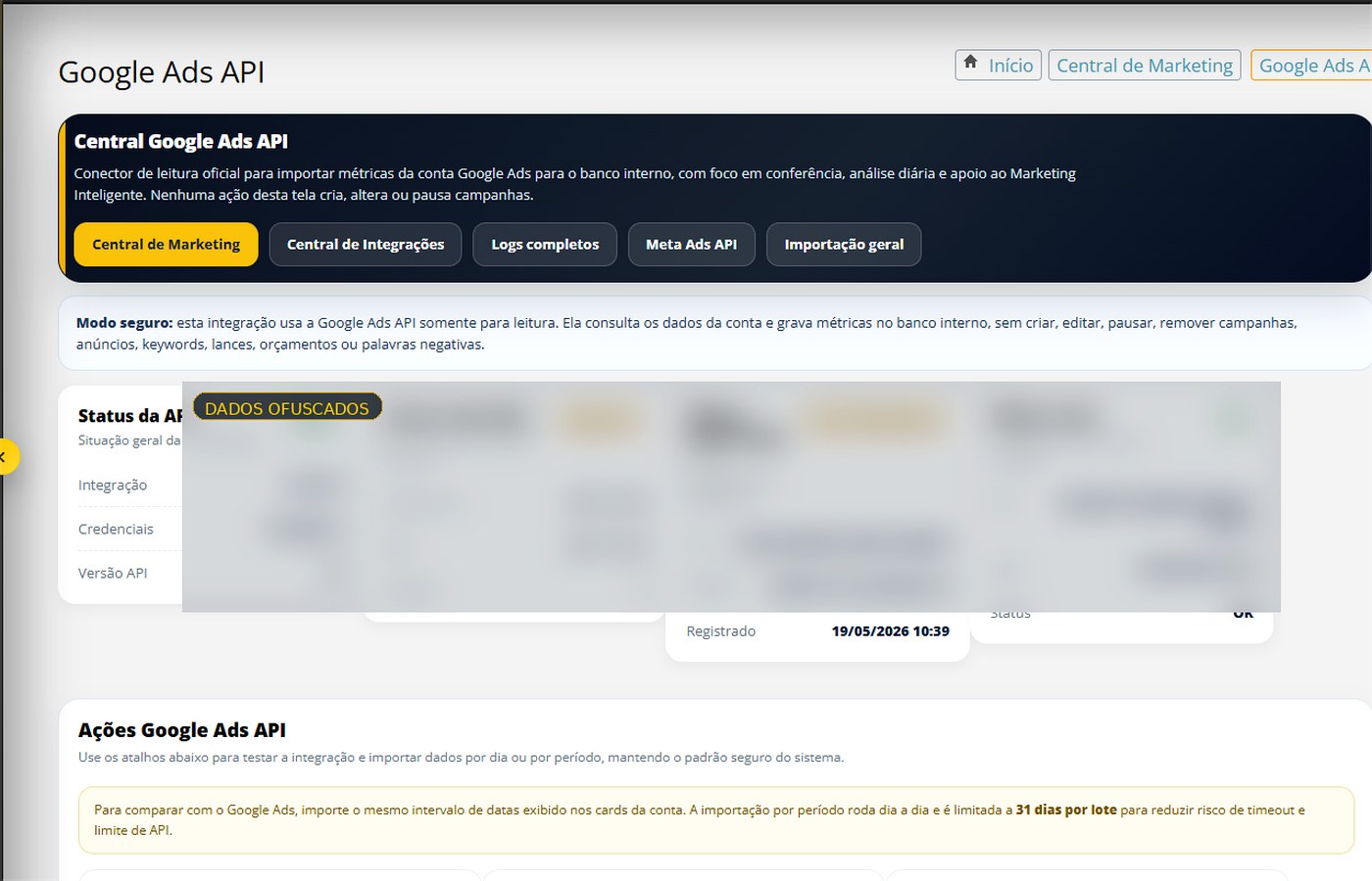 Google Ads API — captura real com dados sensíveis protegidos
