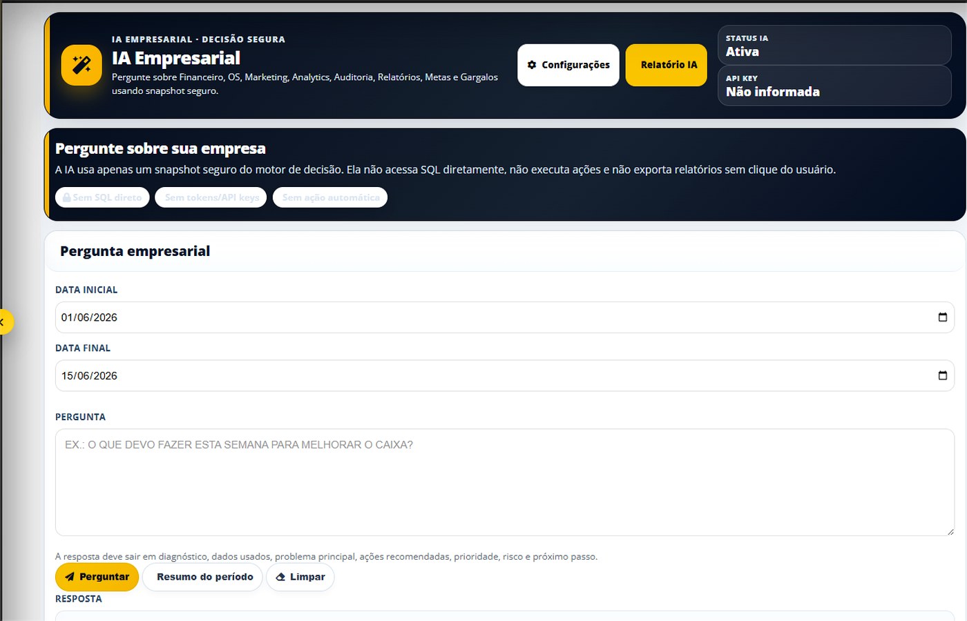 IA empresarial — captura real com dados sensíveis protegidos