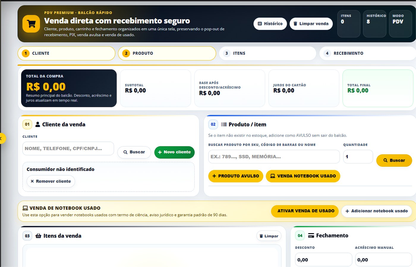 Vendas / PDV — captura real com dados sensíveis protegidos